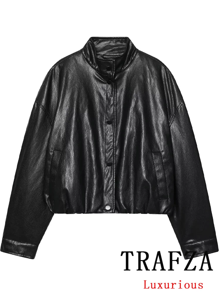 

TRAFZA High Street Chic Bomber Jacket Solid Button Turtlneck Pockets Long Sleeve Short Coats New Fashion 2025 Autumn Coats