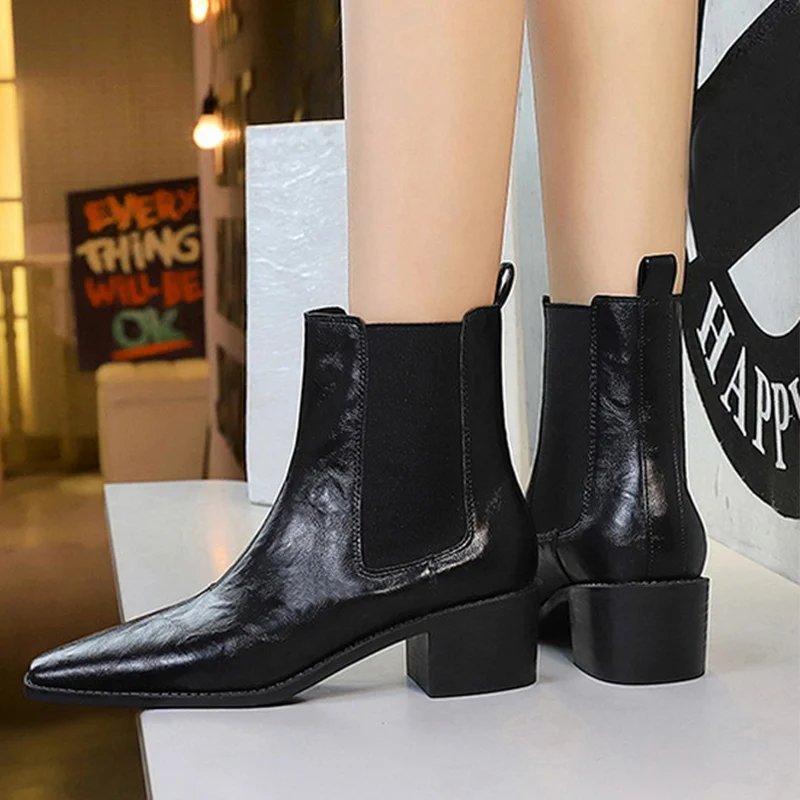 

Autumn Early Winter Shoes Women High Heels Boots Pointed toe Brand Ladies Ankle Chelsea Boots Pure Black Square Heels 5cm D751