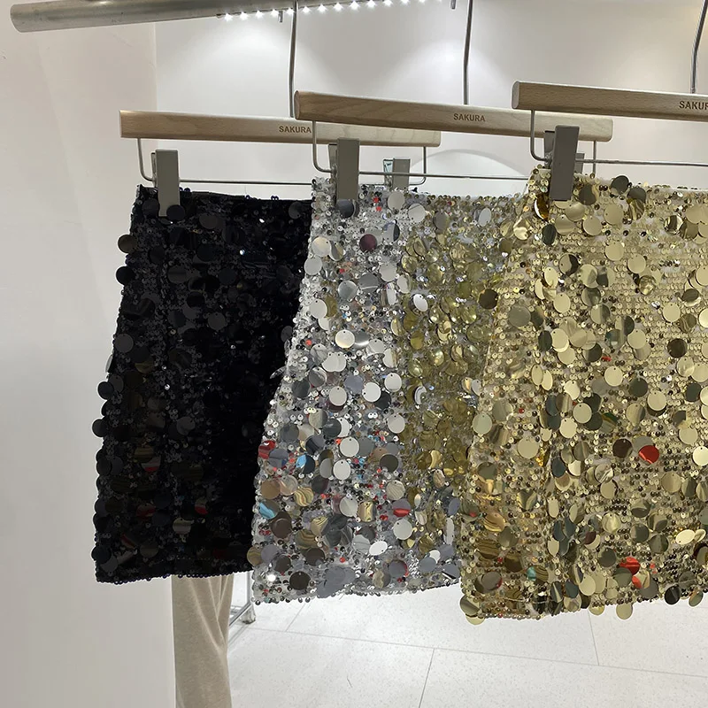 Hotsweet Girl Blingbling Sequined Skirt Gold Silver Black High Waist Sparkling Pencil Mini Skirt Summer Fashion Short Bottoms