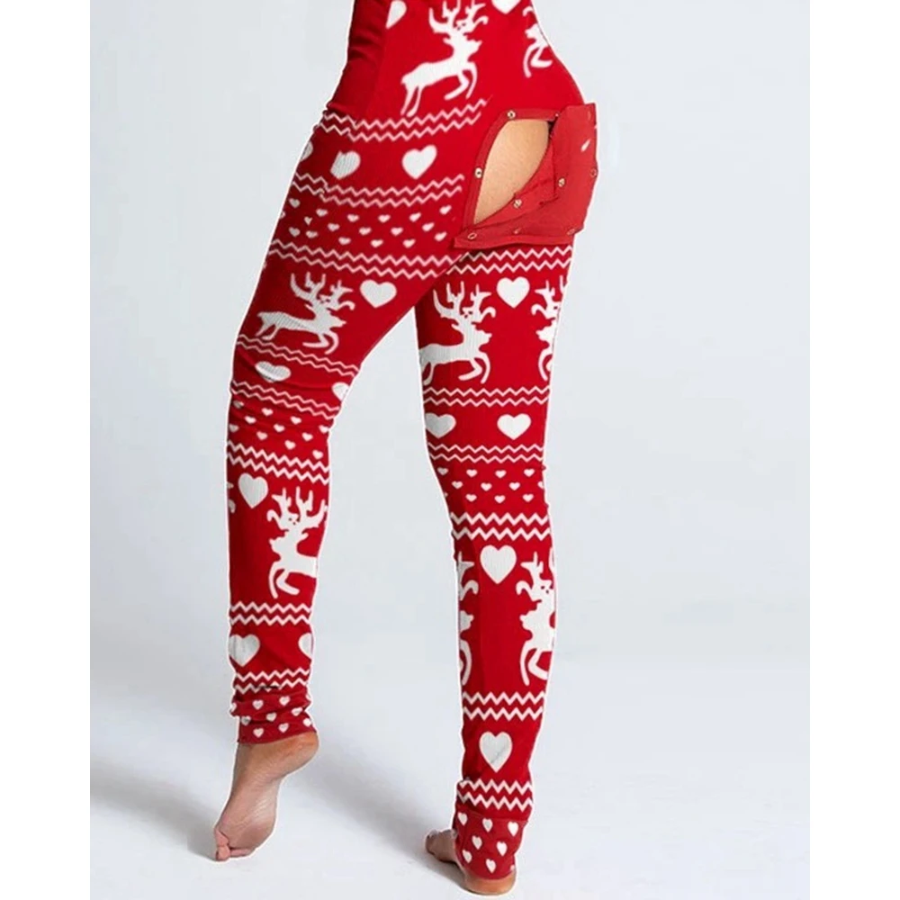 Fashion Women's Snowflake Elk Print Button Front Slim Jumpsuit Sexy Long Sleeve V-Neck Adult Onesie for New Year Christmas