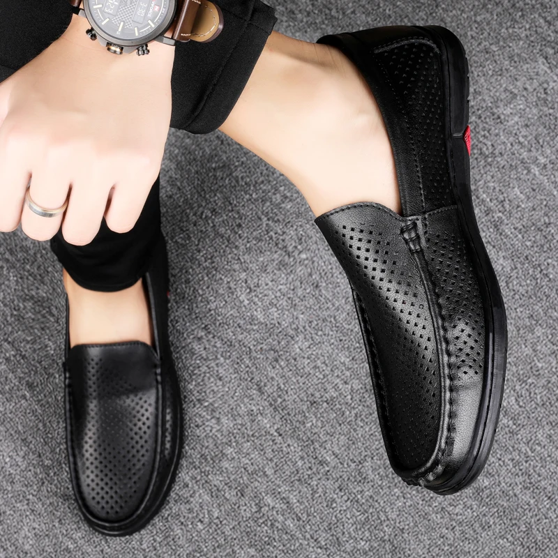 2023 Men Black Hollowed Out Leather Shoes Brand Summer Genuine Leather Mens Loafers Moccasins  Breathable Slip on Driving Shoes