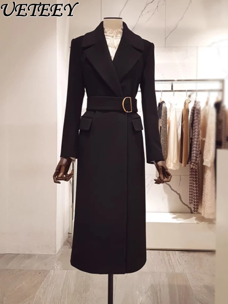 

2023 Autumn and Winter New Fashion Woolen Coat Hidden Hook Slim-Fit Long Large Turn Suit Collar Belt Woolen Overcoat for Women