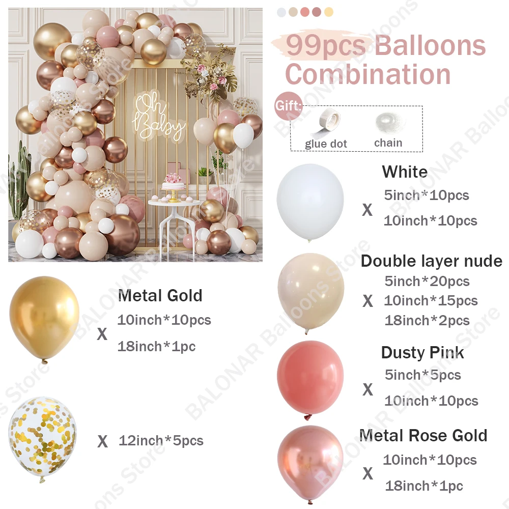 98pcs Blush Pink Balloon Garland Double Layer Nude Dusty Pink Metal Rose Balloons for Baby Shower Birthday Party Wedding Decor