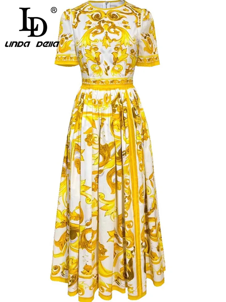 LD LINDA DELLA 2024 Summer Luxury Dress Women\'s High Quality Cotton Bohemian Print Ruched Big Swing Medium Length Dresses