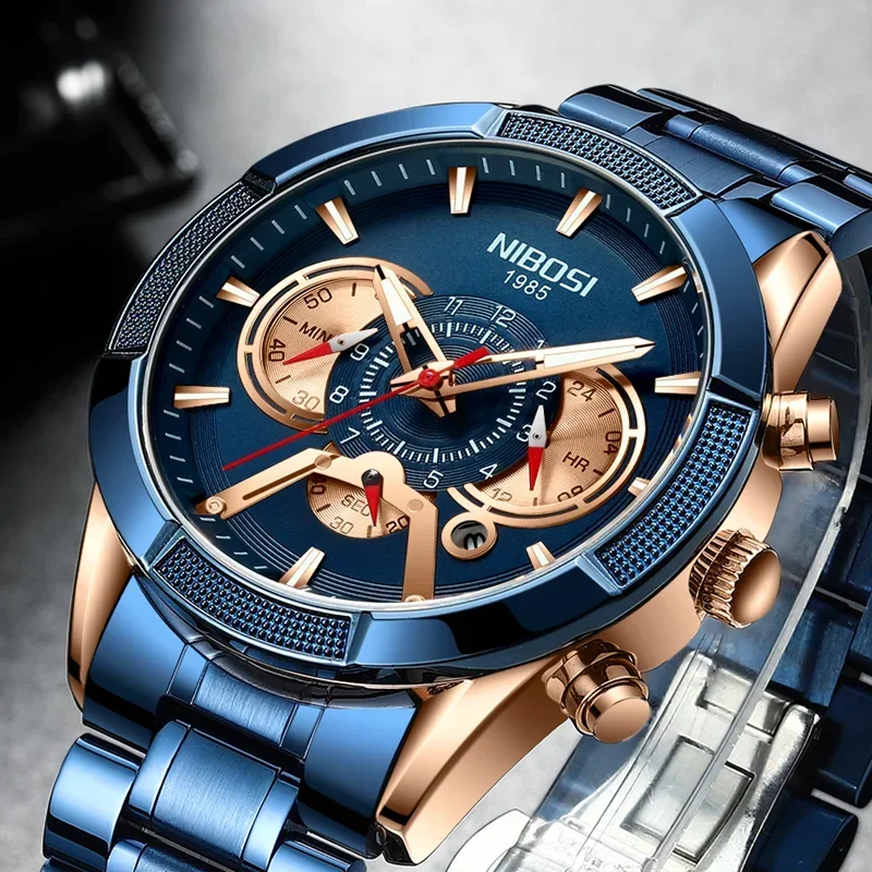 NIBOSI 2025 Chronograph Blue Men Watch Top Luxury Brand Mens Watches Sport Quartz Wristwatch Date Waterproof Relogio Masculino