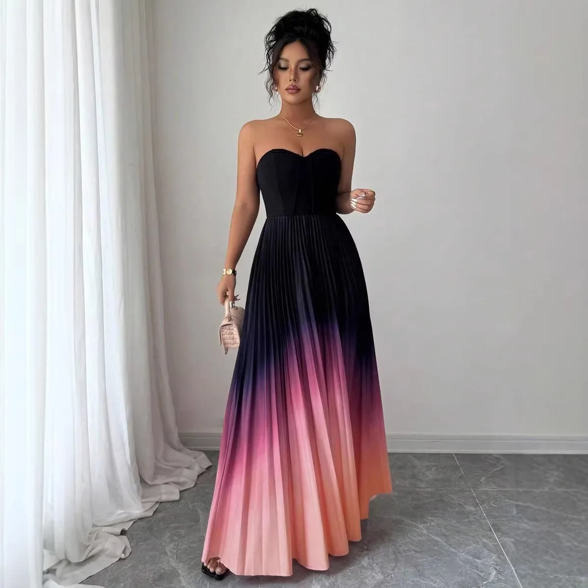 

New style elegant and romantic waistline A-line hem strapless tube top dress