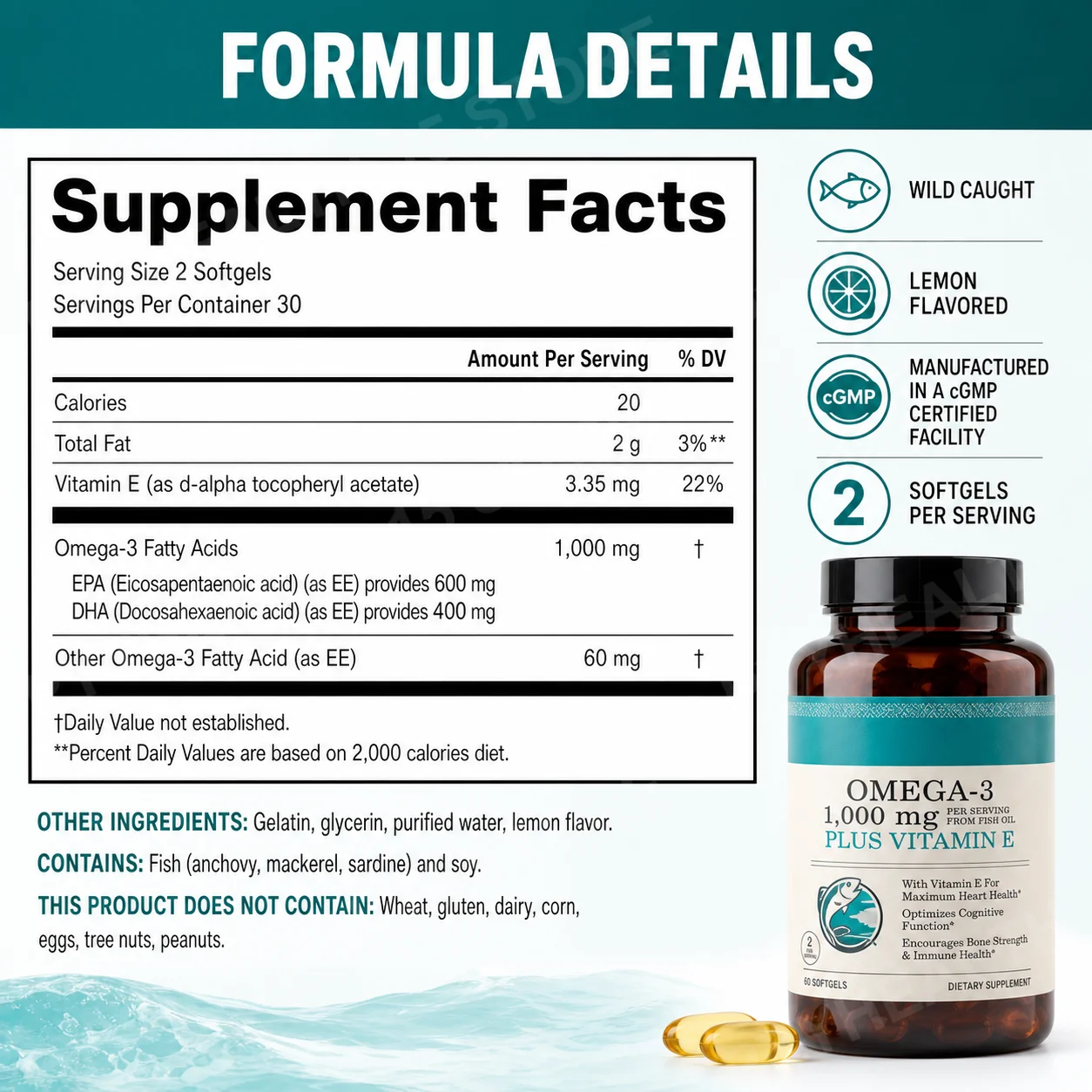 Omega-3 Fish Oil Softgels,EPA DHA Plus Vitamin E,Wild Caught Lemon Flavor Nutritional Support for Adults,60 Count 30 Servings