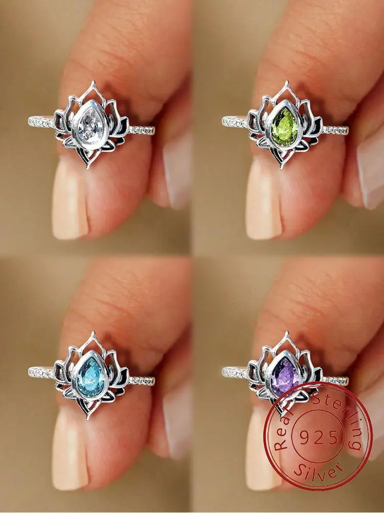 925 Sterling Silver Multi Color Lotus Flowers Water Drop Zircon Ring For Women Anniversary Luxury High Quality Fine Jewelry