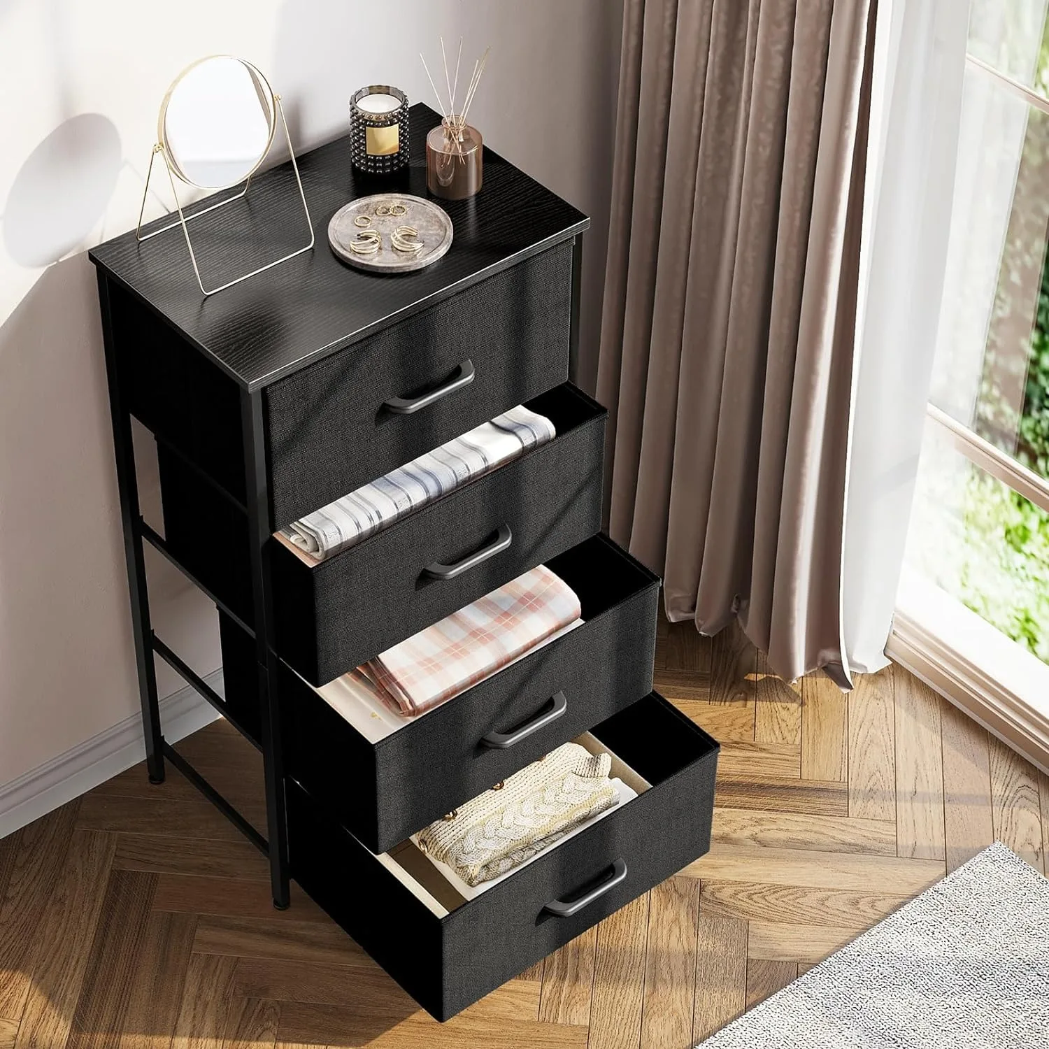 ODK Dresser for Bedroom with 4 Storage Drawers, Small Dresser Chest of Drawers Fabric Dresser with Sturdy Steel Frame