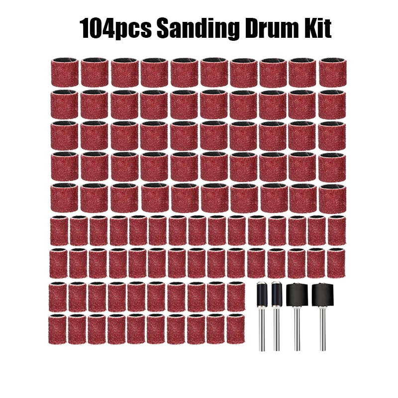 104pcs Sanding Drum Kit 80 Grit Sanding Band Sleeves 1/4 1/2 inch Sanding Mandrels For Dremel Rotary Tool Accessories