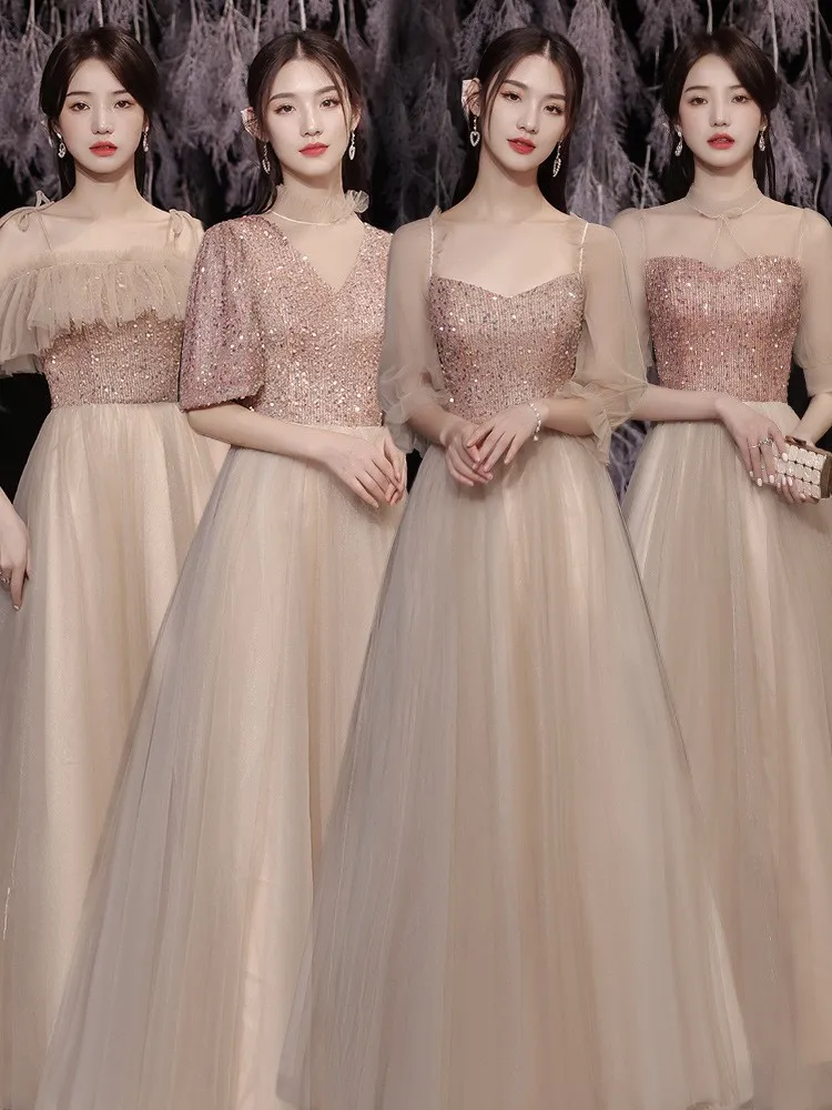 

Spring Autumn Sequins Pink Bridesmaid Dress Women Simple Elegant Slim Evening Dresses New Sisters Group Girlfriend Long Dress