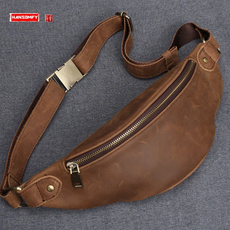 2026 New Crazy Horse Leather Men's Bag First Layer Cowhide Chest Bag Men Small waist packs Leisure Retro Fashion Leather Phone