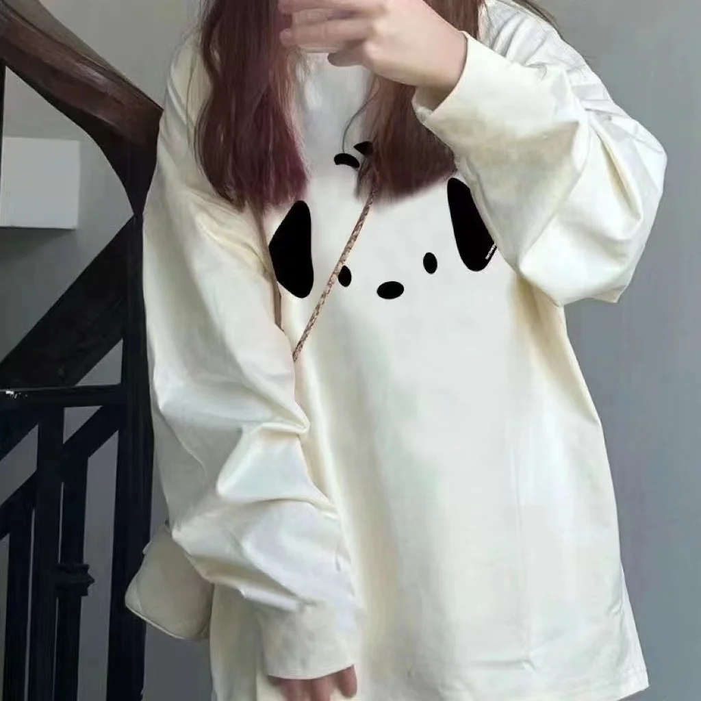 เสื้อยืดแขนยาวผู้หญิงคาวาอิสไตล์ญี่ปุ่นเสื้อผ้าฝ้ายรัฟเฟิลเฮ็มสลิมฟิตผ่อนคลายพอดีเย็บปะติดปะต่อลูกไม้ฤดูใบไม้ร่วงทุกวัน