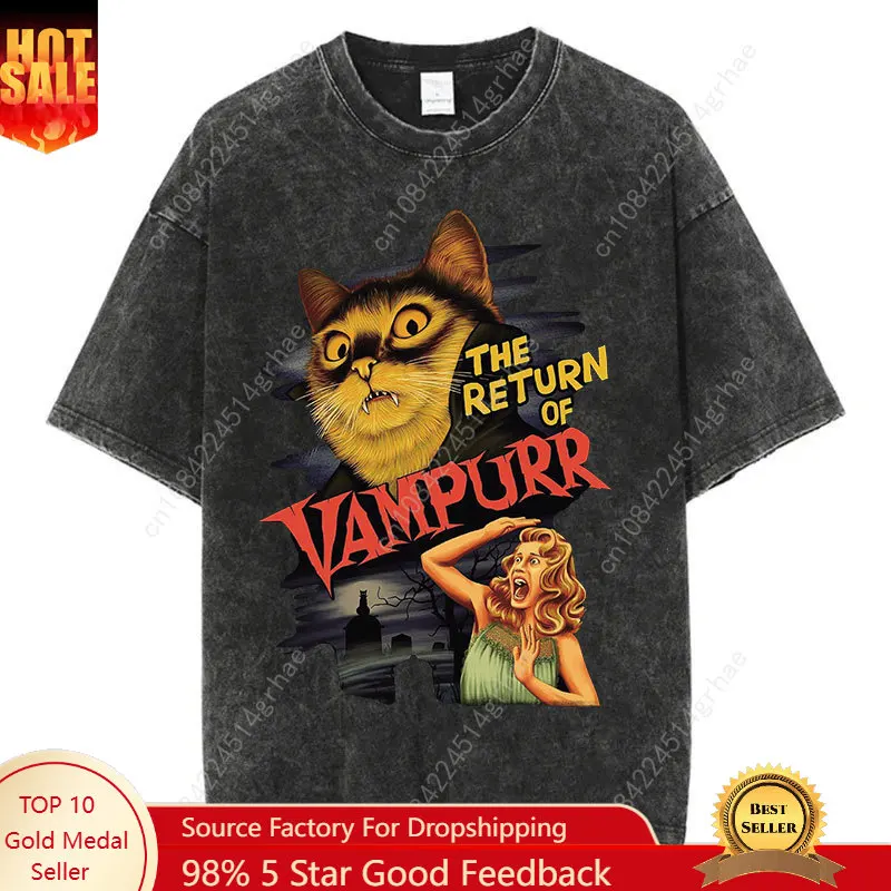 

Hip Hop 2024 Retro Washed Black T-Shirt Streetwear Cat Print Graphic T Shirt 100% Cotton Unisex Tshirt Men Tops Tees Y2K