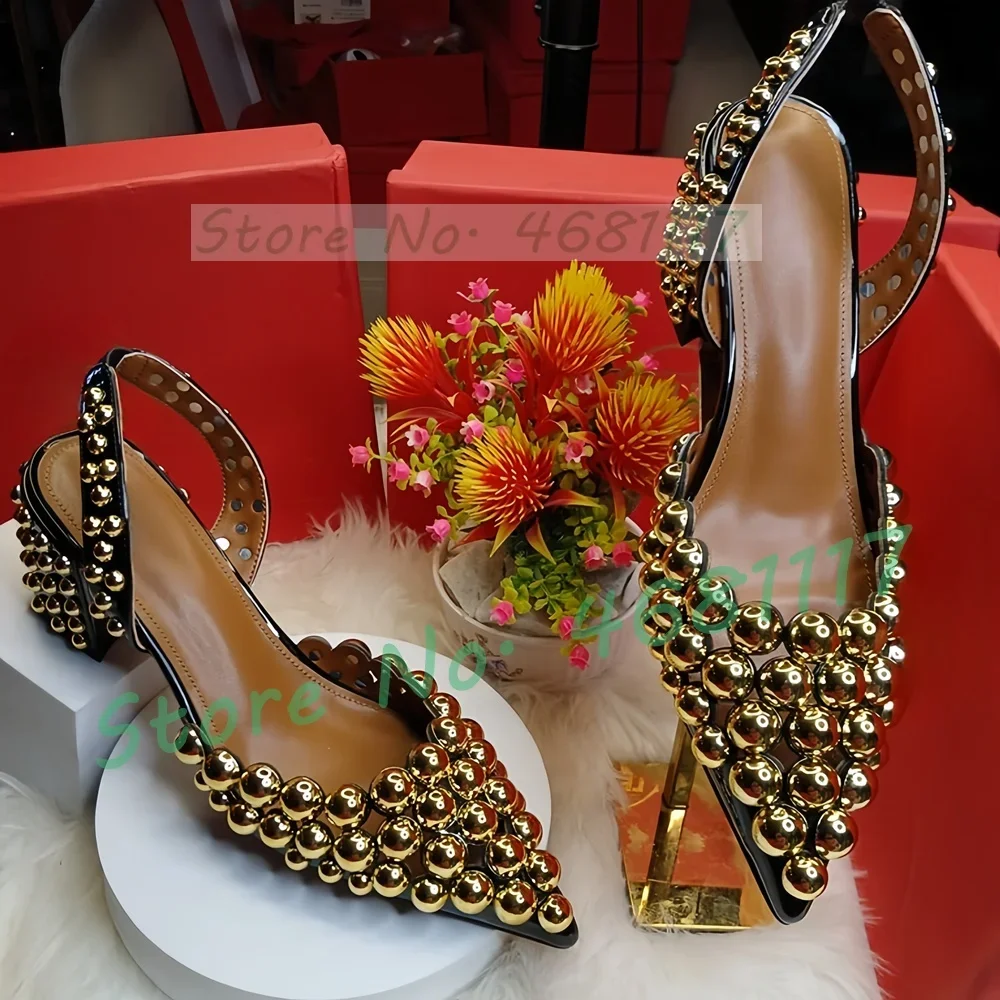 

Luxury Metal Ball Spikes Block Heel Sandals Women Bling High Heels Pointed Toe Hollow Shoes Female Rivets Back Strap Sandals