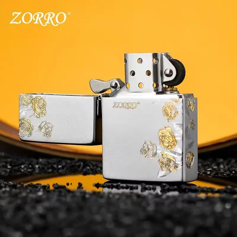 ZORRO Sand Chrome Knife Engraved Love Rose Kerosenes Windproof Lighter Boys Holiday Gift Birthday Gift