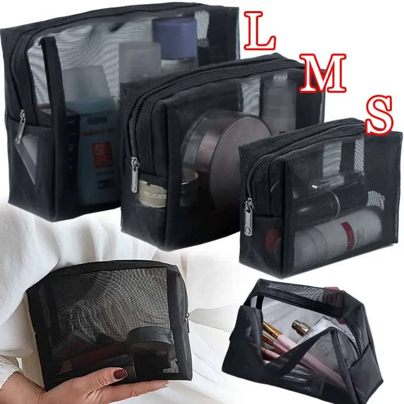 Mesh Transparent Cosmetic Bags 3Size Small Large Black Makeup Bag Portable Travel Toiletry Organizer Lipstick Storage Pouch