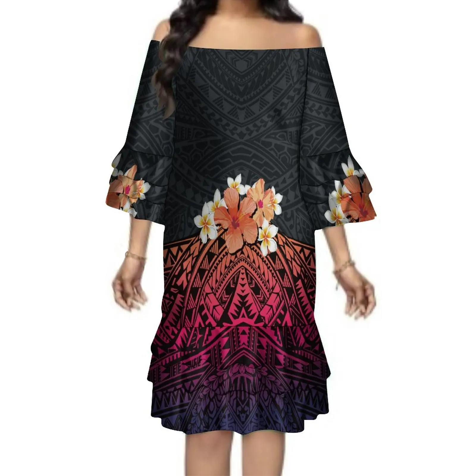 

Summer Short-Sleeved Casual Dress Polynesian Art Pattern Custom Women's Casual Dress One-Shoulder Temperament Dress