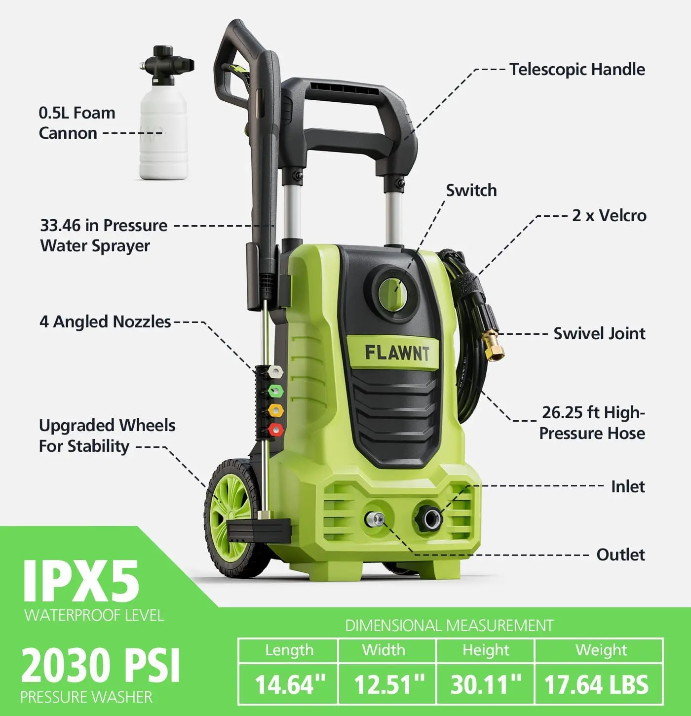 Pressure Washer, 26 FT Hose Pressure Cleaner 2030 PSI with 4 Nozzles Tips,Surface Cleaning with Upgraded Swivel Joint f