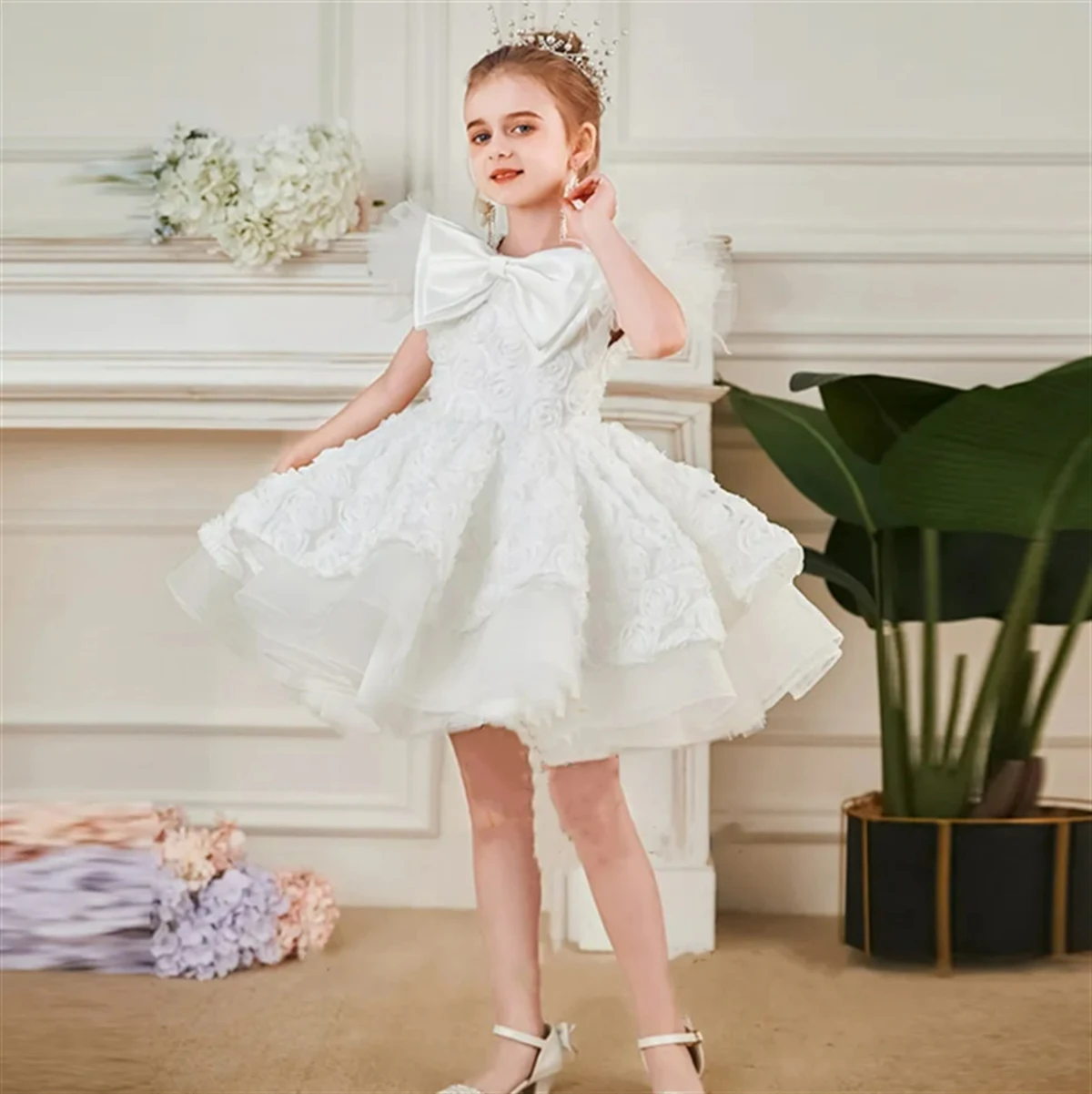 Robe de fille à fleurs blanches en tulle avec appliques 3D, jupe de mariage mignonne, première communion de princesse pour enfant, robe de fête d'anniversaire