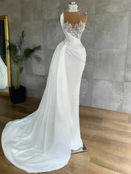 Elegant High Neck Mermaid Wedding Dress Sleeveless Pearls Beading with Detachable Train Bridal Gown Vestido De Novia