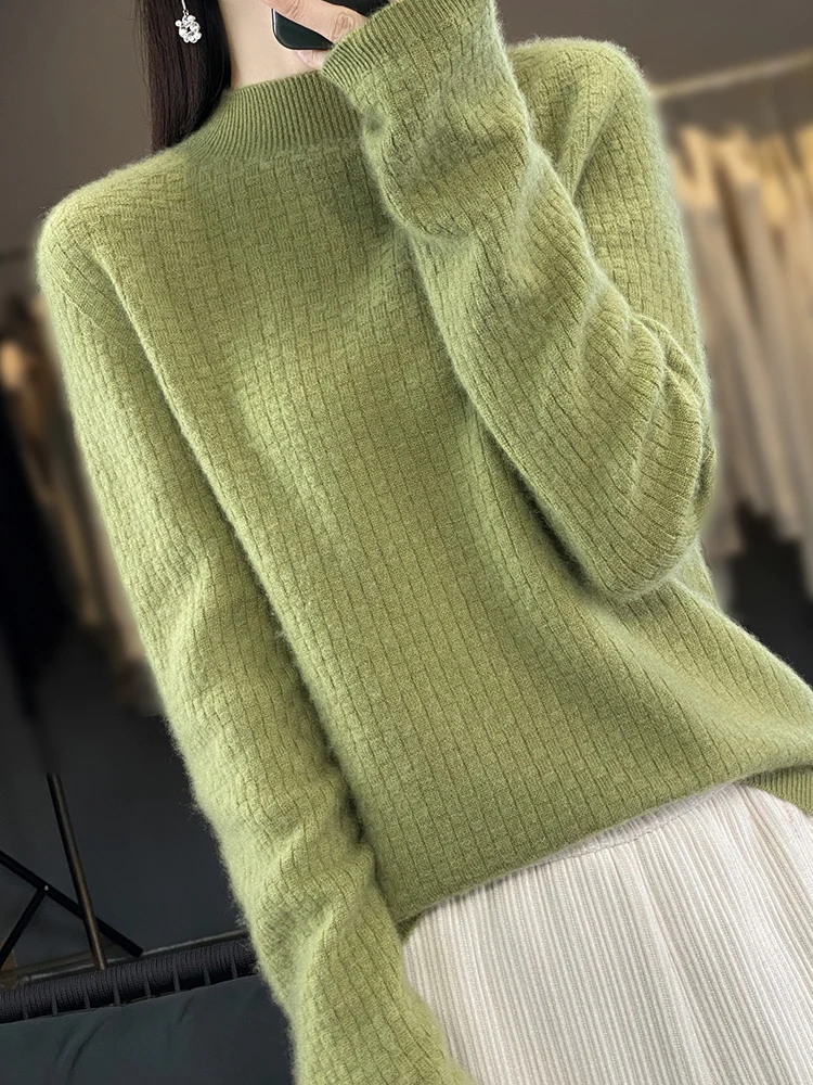 2024 New Women 100% Merino Wool Mock Neck Pullover Cashmere Sweater Autumn Winter Quality Soft Jumper Cube Pattern Knitwear Tops