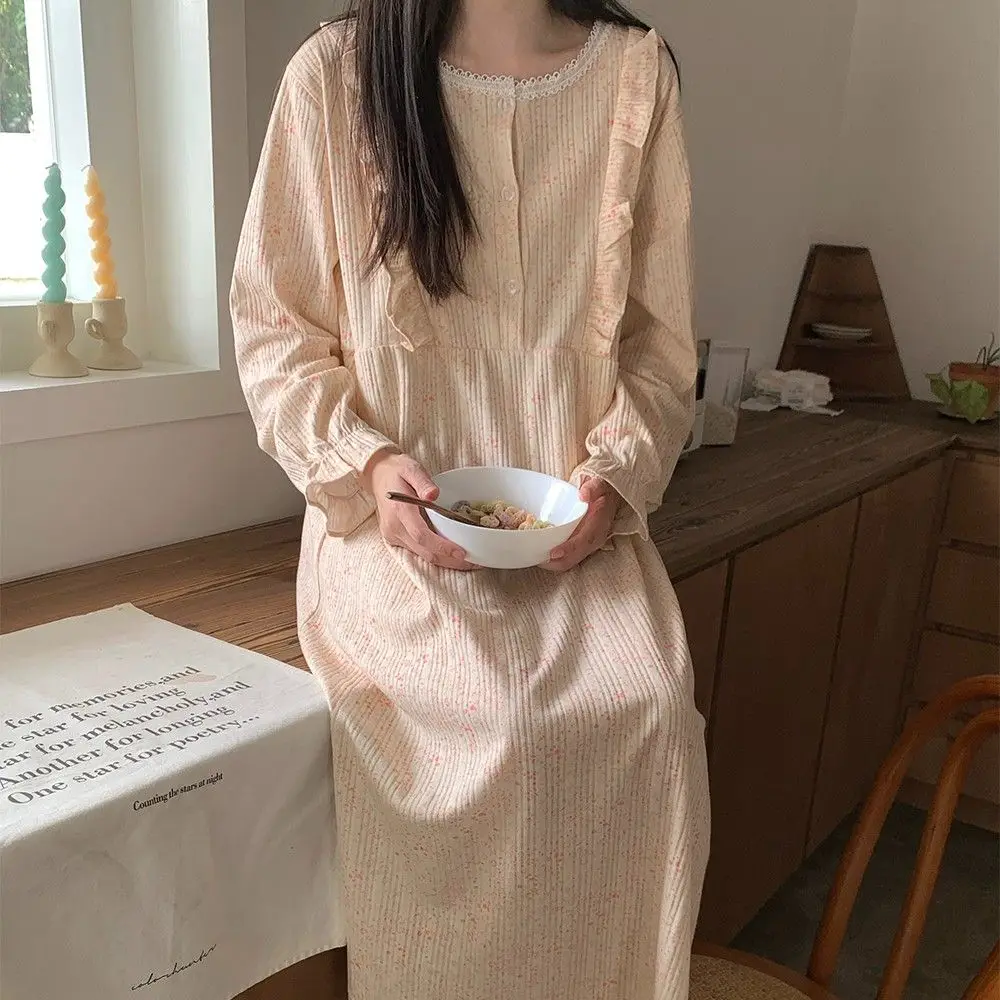 Lace Women Nightgown Korean Sleepwear O-neck Nightwear Print One Piece Pajamas Ruffles Autumn Sleeping Print Night Dress New