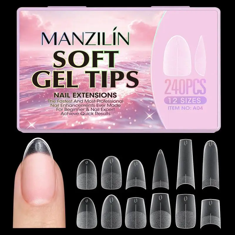 240pcs Short Almond Soft Gel X Nail Tips Full Cover Coffin Stiletto Frosted Matte Fake Nails Press On Nails DIY Salon Manicure