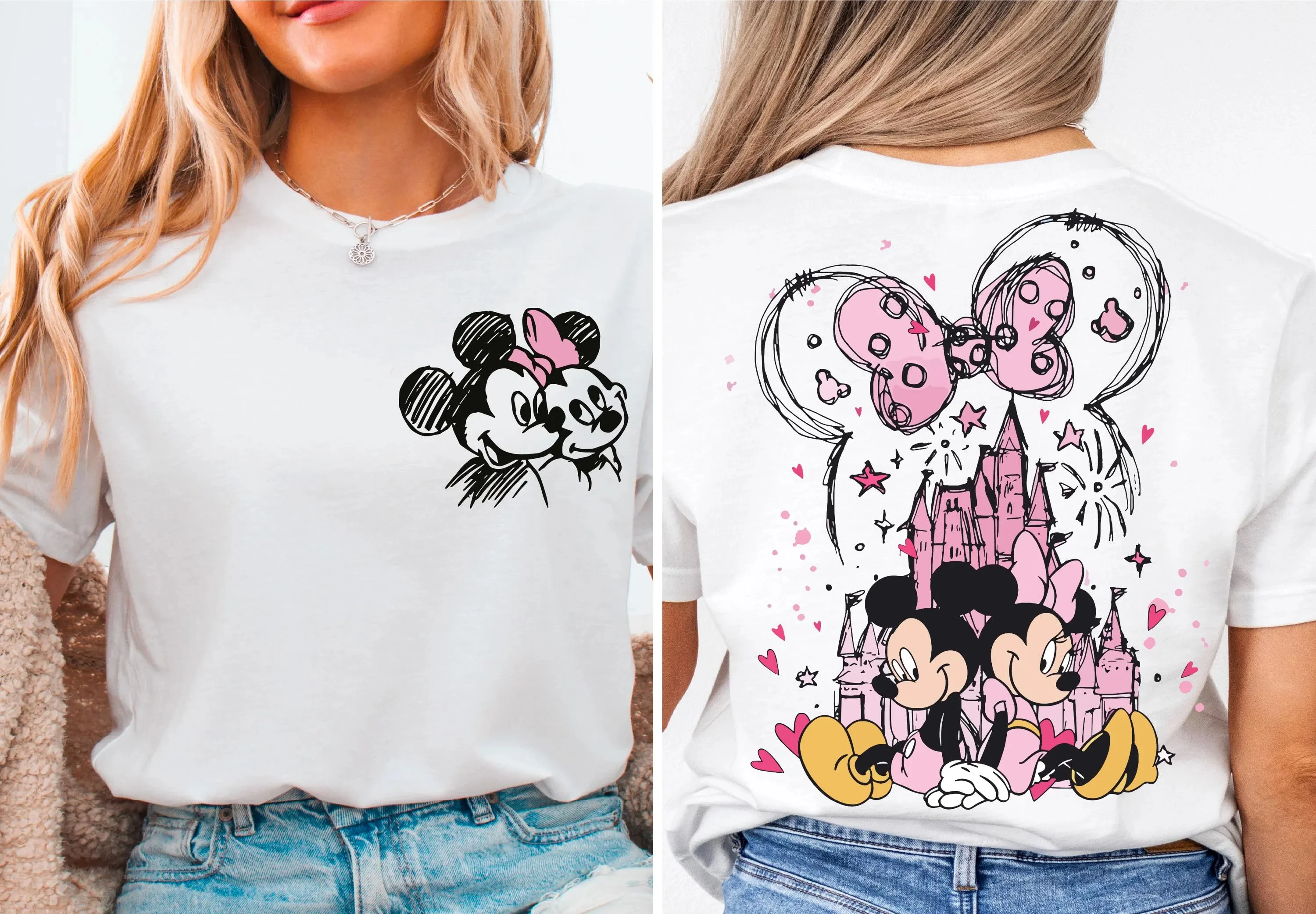 

Disney Mickey and Minnie T-Shirt for Women Short Sleeved Cotton Tees Disney Disney Castle Shirt Summer Tops Women's T-Shirt