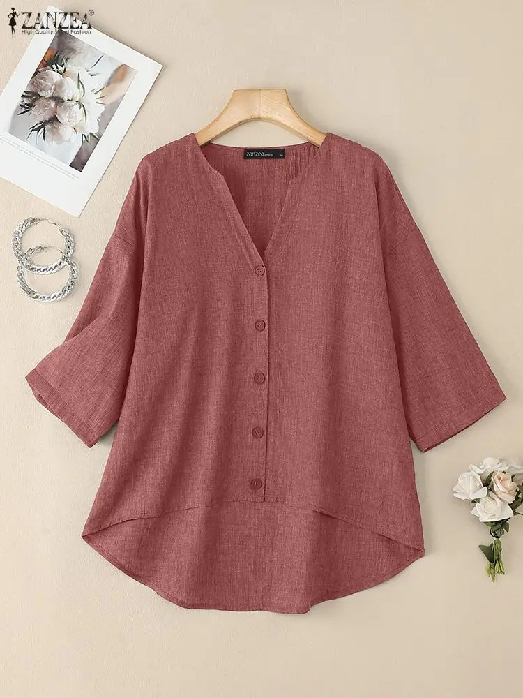 2025 ZANZEA Autumn V Neck Shirt Women Loose Blouses Casual 3/4 Sleeve Button Tops High Low Blusas Female OL Work Blouse Oversize