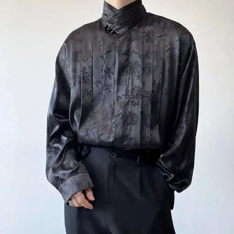 IEFB Chinese Pleated Stand Collar Jacquard Satin Trend Men's Shirt
