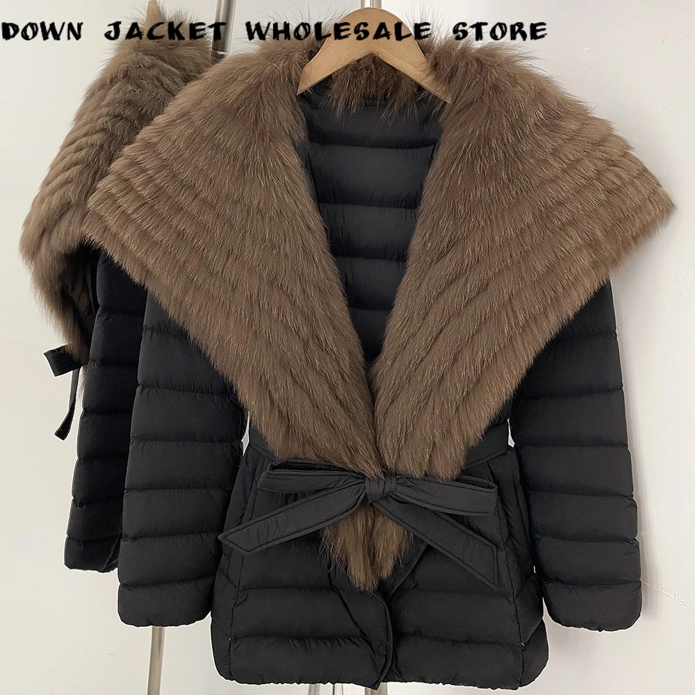 New Winter Puffer Jacket Female Short Down Coat Belted Goose Down Jacket Real Fox Fur Collar Lightweight Quilted Clothes Women