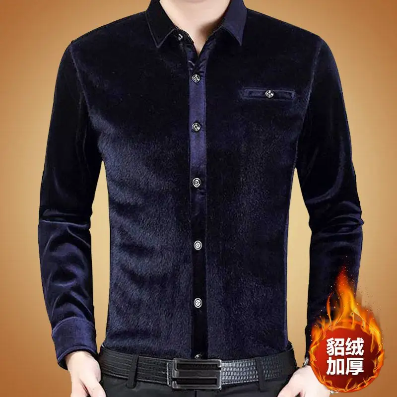 

Winter Mink Warm Long-sleeved Shirt for Men Plus Velvet Thickened Shirt for Middle-aged and Elderly Solid Color Pocket Top