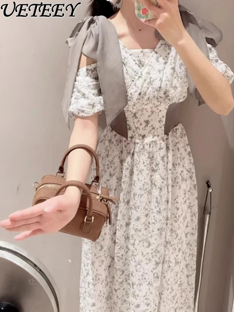2025년 여름 신상 우아한 오프숄더 허리 리본 숄더 스트랩 프린트 드레스, 니치 하이웨이스트 슬림 드레스, 출퇴근룩