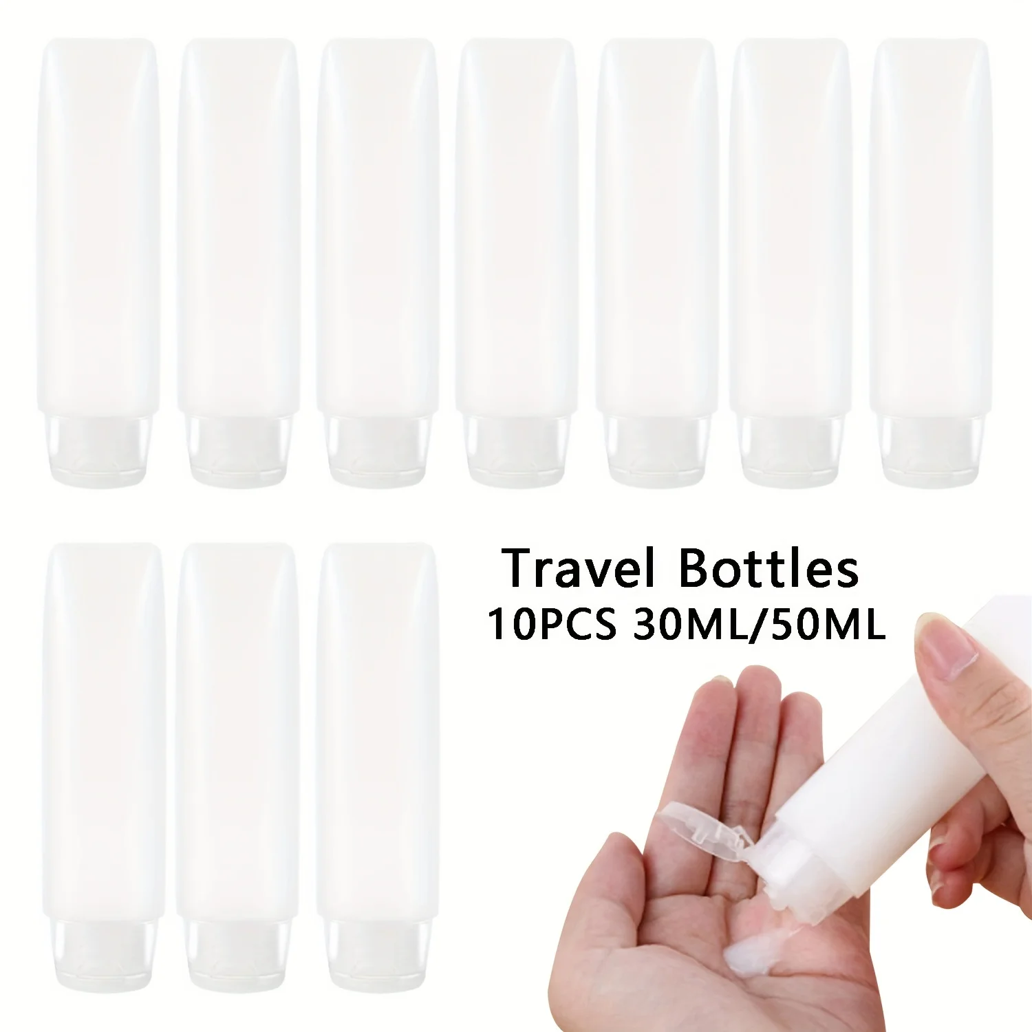 10 szt. 30/50ml Puste, wielokrotnego użytku, plastikowe, miękkie tubki podróżne z dozownikiem, przezroczyste pojemniki kosmetyczne z zakrętką.