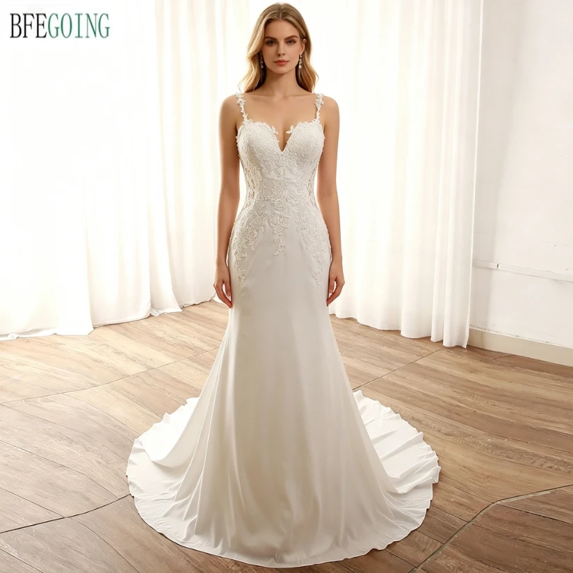 Mermaid /Trumpet Wedding Dresses Chapel Train Customized Lace Crepe Sleeveless Floor-Length Bridal Gowns