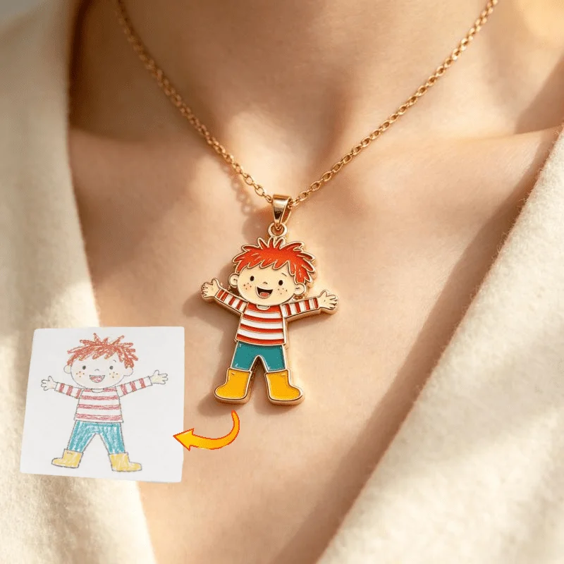 Custom Kids Drawing Necklace Personalized Child Artwork Photo Pendant Necklace Gold Color Customized Memory Jewelry Gift for Mom