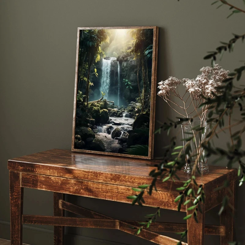 1pc Frameless Canvas Painting Natural Landscape Waterfall Spectacular Canvas Painting Green Tree Forest Posters Wall Art Prints