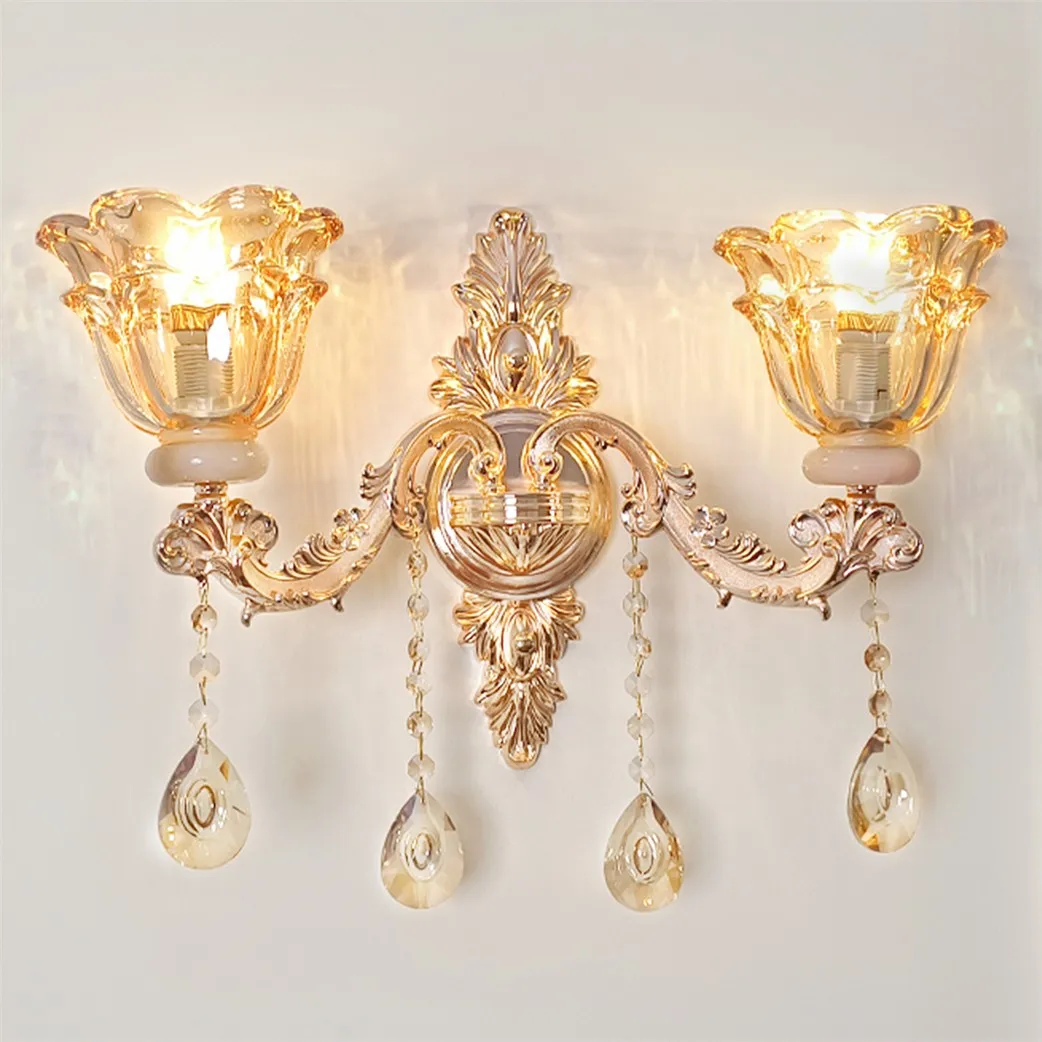 Antique Gold Floral Wall Sconce with Clear Crystals Lampshade Wall Lighting for Entrance Bedroom Hallway Decor