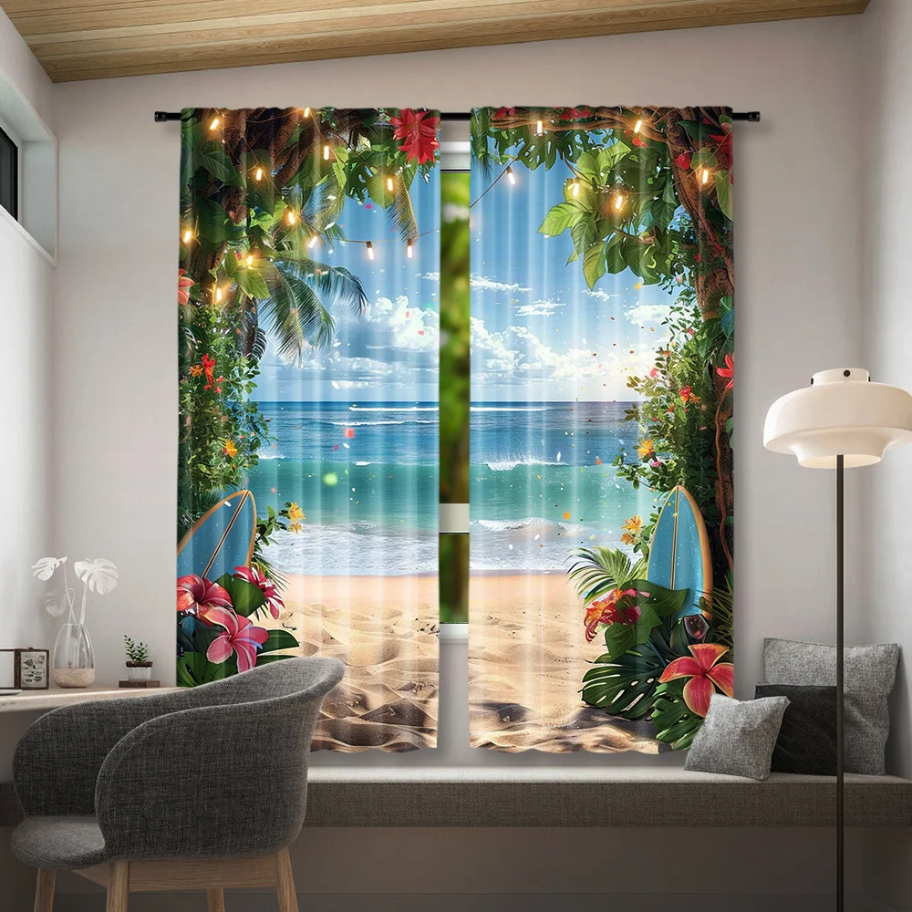 Tropical Beach Surfboard Curtains 2 Panels, Palm Tree Plumeria String Light Ocean Wave Scenery Drapes for Summer Bedroom Decor