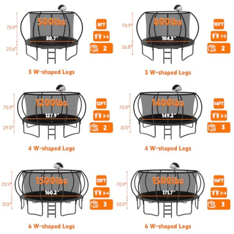 Outdoor kids trampoline set: heavy-duty steel frame black/green 1500LBS capacity ASTM approved includes basketball hoop lights