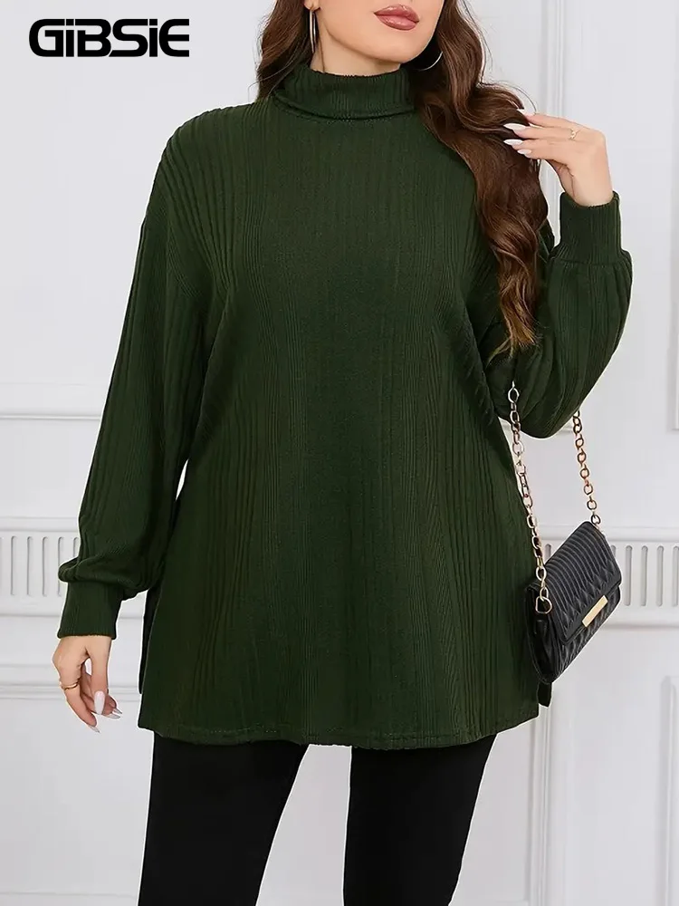 

GIBSIE Plus Size Turtleneck Long Sleeve T-Shirt Women's Fashion 2024 Solid Ribbed Knit Casual Loose Split Long Tops Tees Female