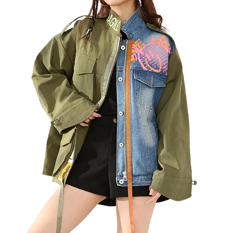 

French Retro Denim Clothes 2024 Spring Stand Collar Long Sleeve Straight Tube in Long Irregular Splicing Thin Coat