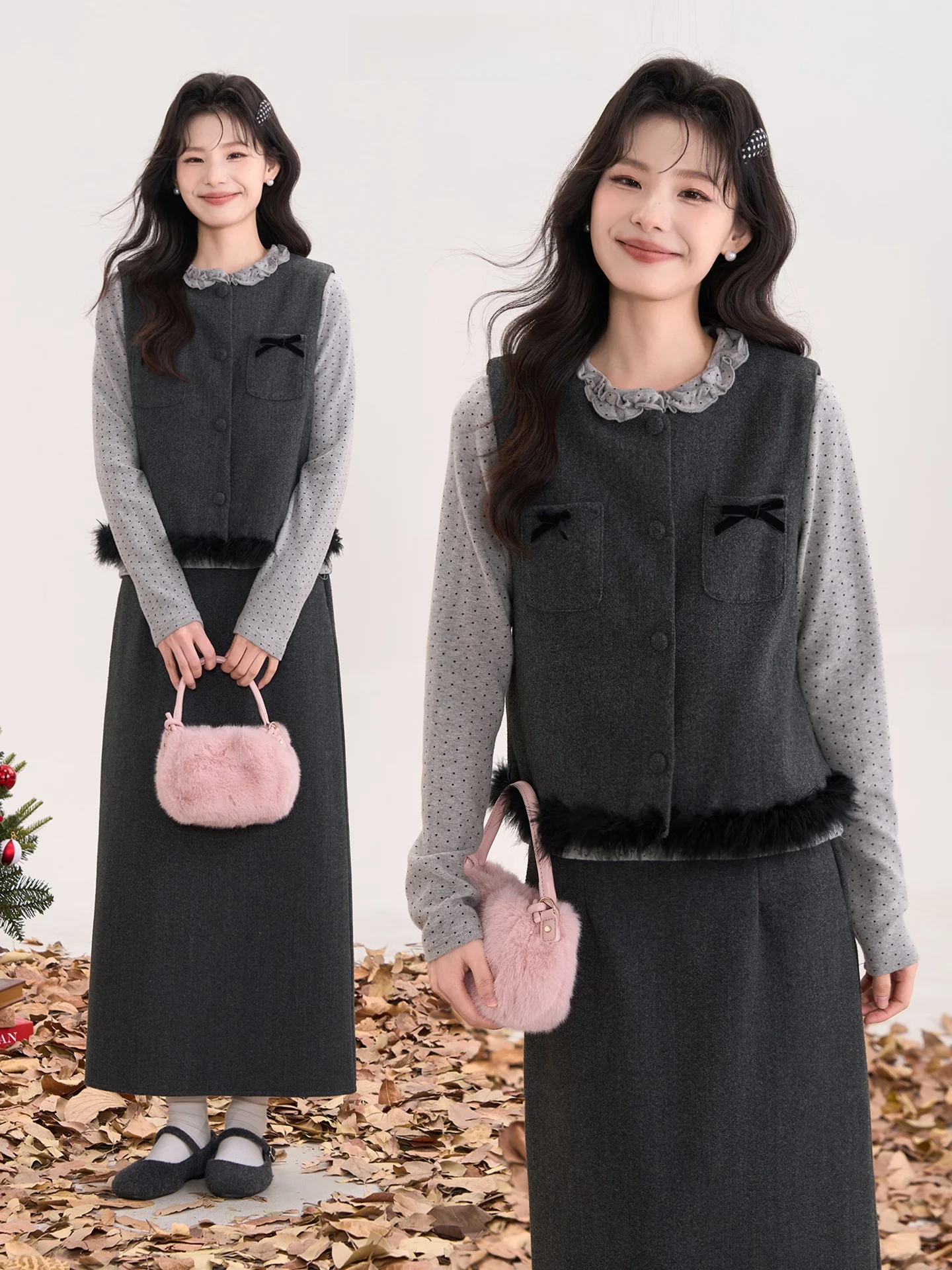 

Sweet Flavor Fluffy Vest And Skirt Set by Heme from Huatian Display Window for Early Autumn And Spring Casual Wear for Teens