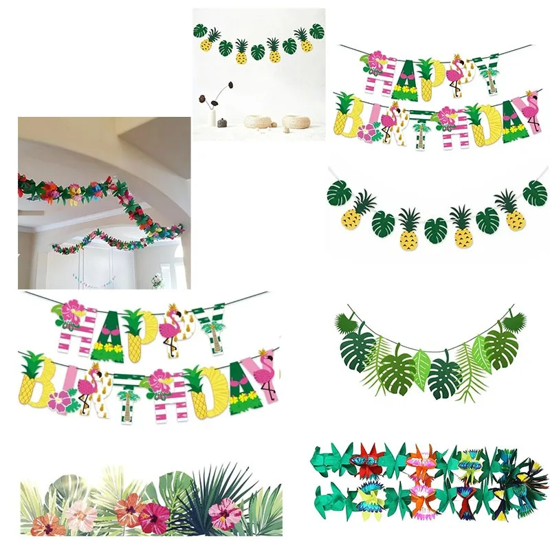 

Hawaiian Party Banner Featuring Flamingo Pineapple Leaf Design Ideal for Summer Beach Birthday Celebrations Festive Decor