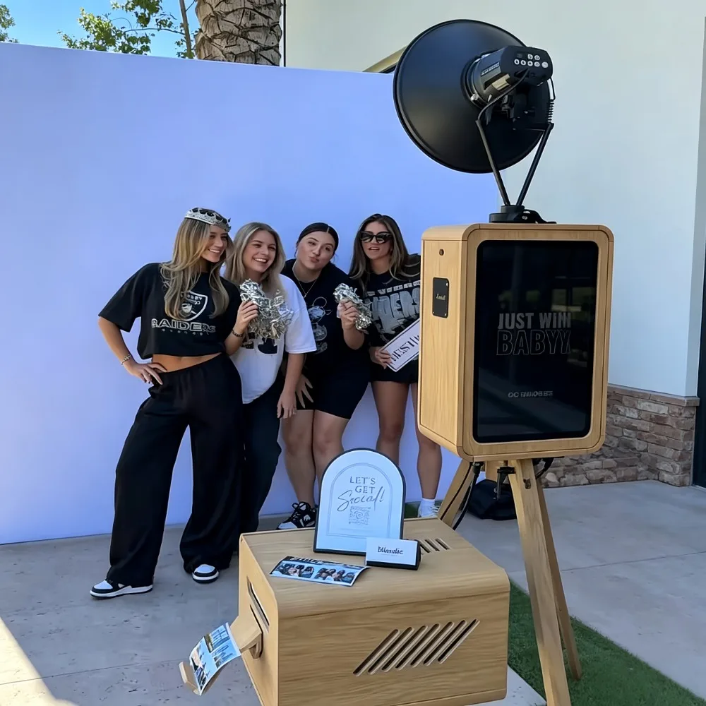 Double-Sided Retro Wooden Photo Booth with Touch Screen Printer Stand Compatible with DSLR Cameras and IPad Flash Stand