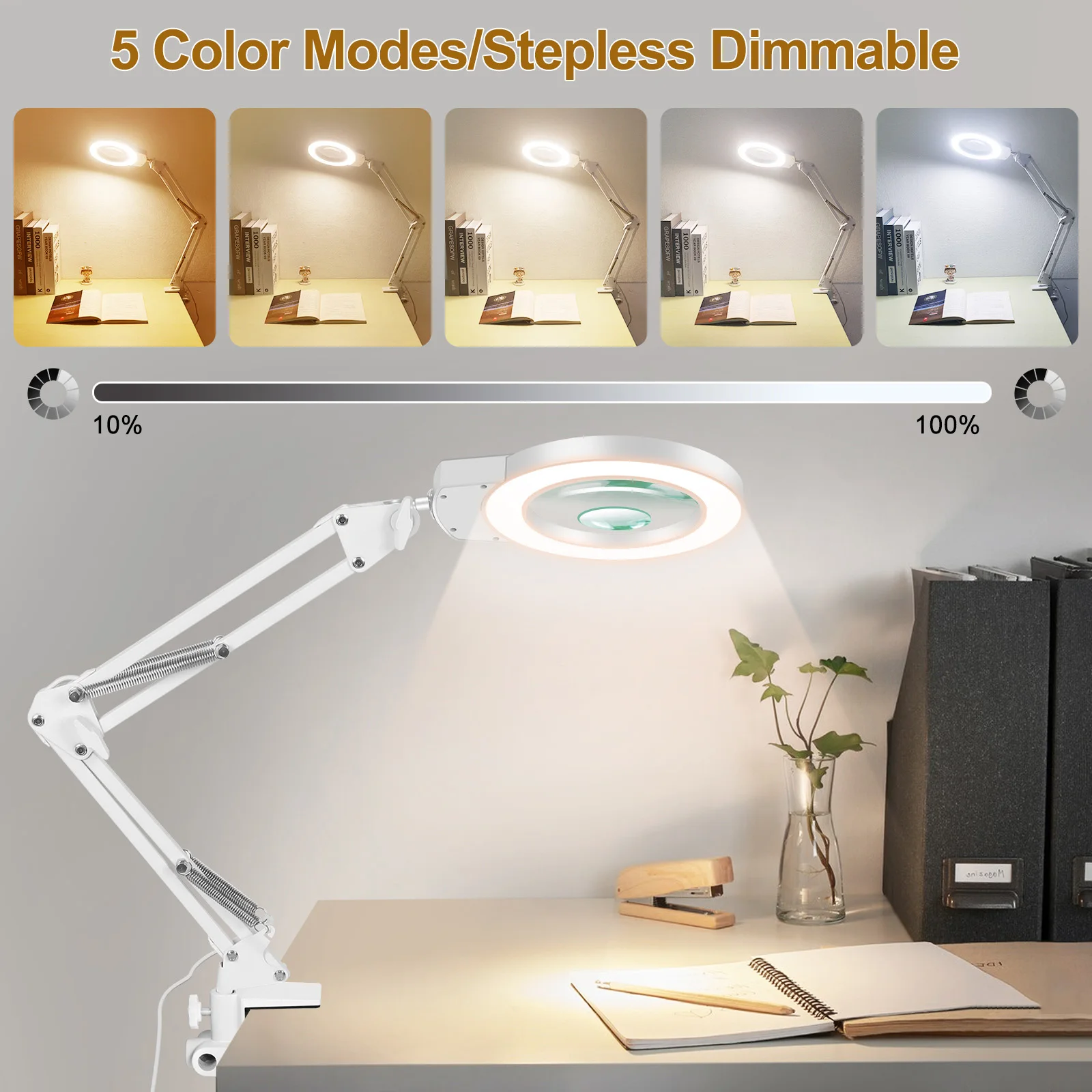 Toolour 5X&10X Magnifying Glass with Light and Clamp 5 Color Modes Stepless Dimmable Magnifying Lamp 108 LEDs Real Glass Lens