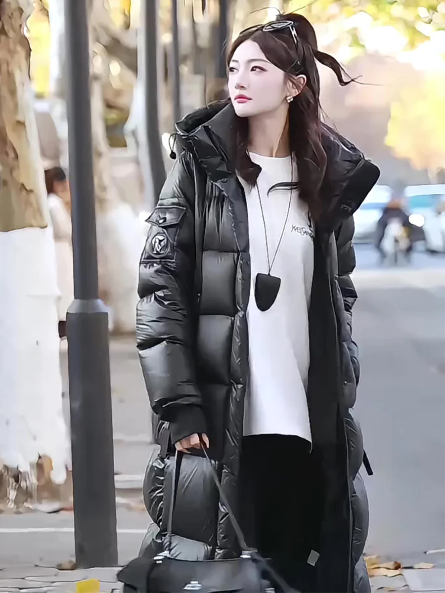 

Winter 2025 Women's Long Hooded down Jaet Ultra Cold Resistant Knee-Length White Du Feather Warm Casual Sle Thiened
