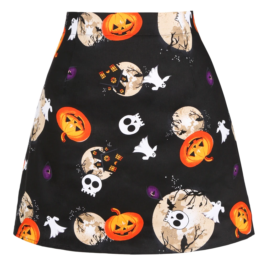 SISHION 2025 Sexy Black Mini Skirt SS0008 Women Ladies Party Pumpkin Skull Short Skirt Retro Cotton Gothic Halloween Skirts Y2K