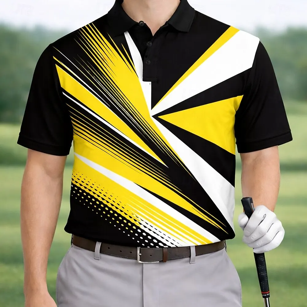 Men's Geometric 3D Print Golf Polo Shirts Short Sleeve Collared Button Casual Athleisure Daily Wear for Spring & Summer Black